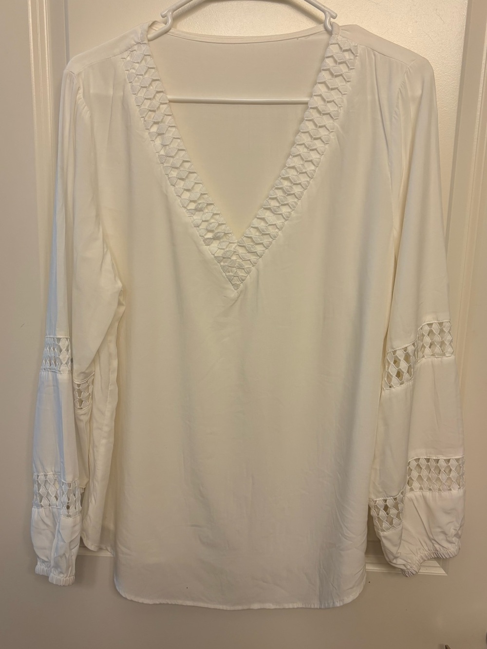 V-Neck Crochet-Trim Blouse in White